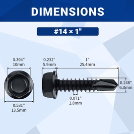 #14 x 1 Black Hex Washer Head Self Drilling Screws (50 pcs), 410 Stainless Steel, Black Oxide Coated, Quick Steel Self Tapping Sheet Metal Tek Screws, Fayeploo