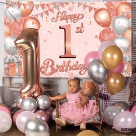 KatchOn, Large Happy 1st Birthday Banner - 72 x 44 Inch | Rose Gold Happy First Birthday Banner | 1st Birthday Backdrop, Baby Girls 1st Birthday Decorations | Happy First Birthday Decorations Girl