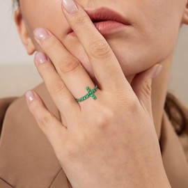 RANDES Sideways Cross Rings for Women 925 Sterling Silver Green Emerald Purity Ring Religious Christian Cross Ring Size 9