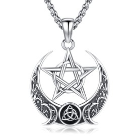 LOOVE - Collar de pentagrama de plata de ley con diosa triple luna, nudo celta, nudo, pentáculo, sol y luna, hecate/tetragrammatón, collar con colgante de amuleto mágico de Wiccano, joyería para mujeres y hombres, Plata esterlina, Sin piedra preciosa
