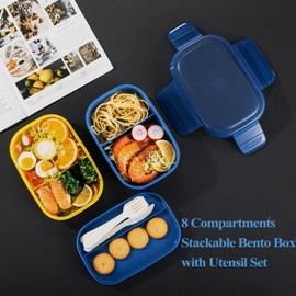 Miraclekoo Large Capacity Bento Box Adult Lunch Box,3 Layers Stackable Bento Lunch Containers for Adults/Kids, Built-in Utensil Set, Bento Lunch Box for Dining Out, Work, School, Blue