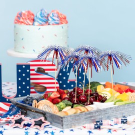 100PCS 4th of July Cocktail Picks, 6IN Patriotic Foil Cupcake Picks Red Blue Sliver Party Bamboo Toothpicks Bamboo Skewers Sticks Sparkle for Fourth of July Independence Day Decorations