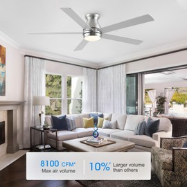 POCHFAN 60 Inch Brushed Nickel Ceiling Fans with Lights and Remote, LED Low Profile Flush Mount Ceiling Fan for Bedroom, Living Room, Quiet DC Motor, Dimmable 6 Speeds