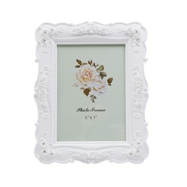 Coshar Rose Flower Design Picture Frame Vintage Photo Frame 5 x 7 Inch Antique Picture Frame Glass for Tabletop Wall Display, Horizontal and Vertical Use (White)