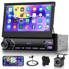 Single Din Flip Out Car Stereo Bluetooth 7 Inch Retractable Touch Screen Car Radio 1 Din Mirror Link/FM/EQ USB/Type-C/AUX SWC, Driauto Car Audio Receiver MP5 Multimedia Player with Backup Camera