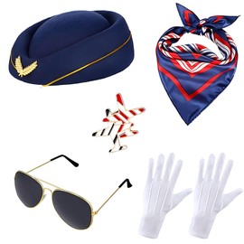 Pilot and Flight Attendant Accessories for Adult Men and Women Costume Accessory Stewardess Outfits Bellhop Hat Scarf Sunglasses Gloves (Navy blue)