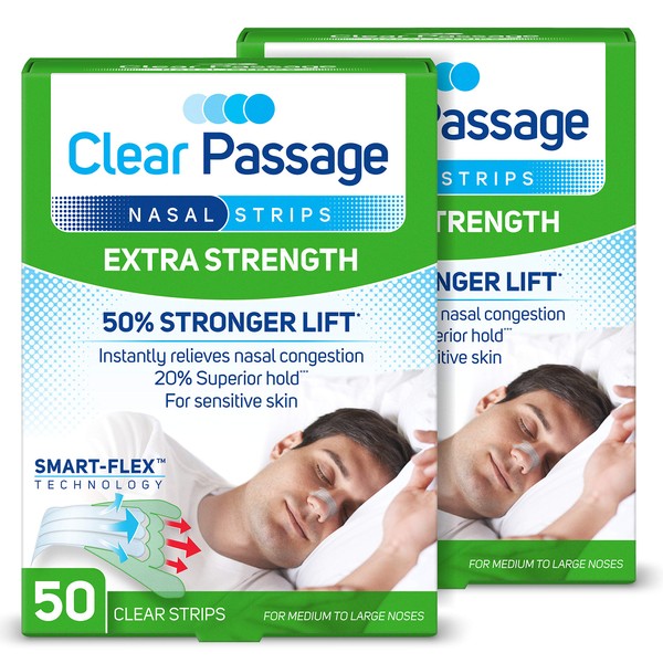 Clear Passage Nasal Strips Extra Strength, Clear, 100 ct | Works Instantly to Improve Sleep, Reduce Snoring, & Relieve Nasal Congestion Due to Colds & Allergies