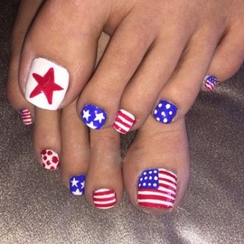 Independence Day Press on Toenails Short Square Fake Toenails with American Flag Star Designs 4th of July Acrylic Toenails Red White Blue False Toenails Artificial Stick on Toenails for Women 24Pcs
