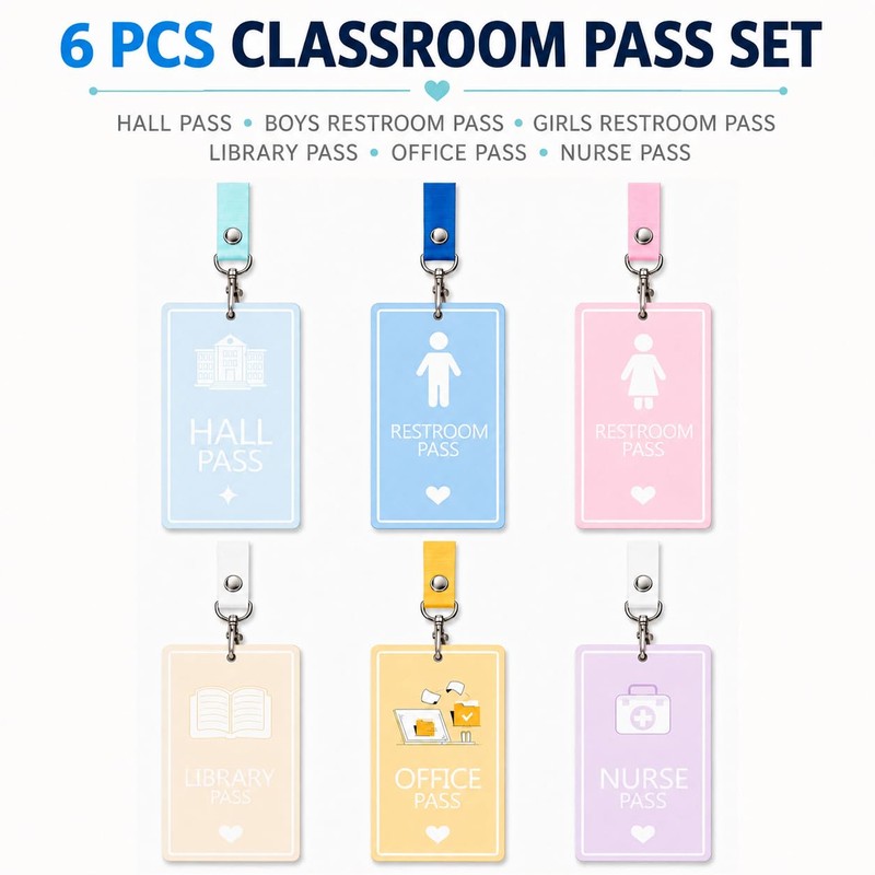 6 Pcs Hall Pass Lanyards and School Passes, Wooden Classroom