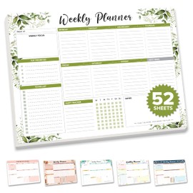 Decorably 52 Sheets Forest Green Undated Weekly Planner Tear Off Pad - 6.5x10in Spring-Bound Desk Notepad, for Focus, Priorities, to-Do List, Habit Tracker, Agenda, Notes - Home, School, Office