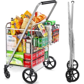 Wellmax Folding Grocery Cart with Wheels, Heavy Duty Metal Utility Cart with Mesh Bottom, Extra Rear Basket, 160 lb Capacity, Dual Swivel Wheels, Foldable Trolley for Groceries & Laundry