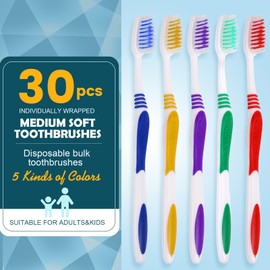 30 PCS Individually Wrapped Bulk Toothbrushes, Colorful Manual Disposable Travel Toothbrush Set for Adult or Kid, Silicone Rubber Handle, Medium Soft Bristles, Perfect for Travel, Hotels, Donations