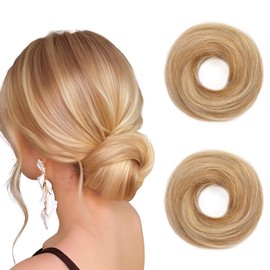 Hairro Hairro 2PCS Hair Bun Hair Piece Human Hair Messy Bun Scrunchies Real Hair Updo Hairpieces Remy Donot Elegant Chignon Highlight Bun Extensions For Women 46g #12P613 Golden Brown Mix Bleach Blonde