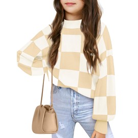 Girls Sweaters Kids Fashion Plaid Mock Neck Pullover Sweater Tops 5-14 Years Khaki