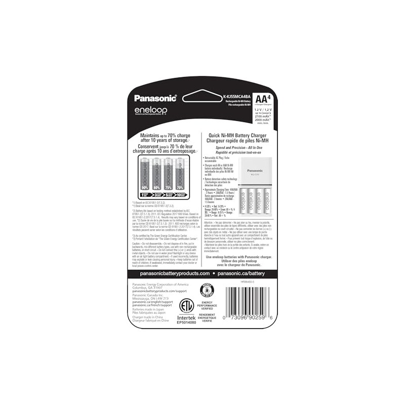 Cargador rápido Panasonic eneloop con 4 pilas recargables, AA