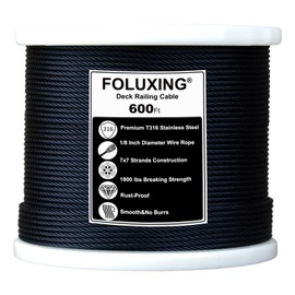 FOLUXING 600FT T316 Stainless Steel Aircraft Cable,1/8" Black Deck Railing Cable for Deck Cable Railing Kit, Stair Deck Fencing DIY Balustrade