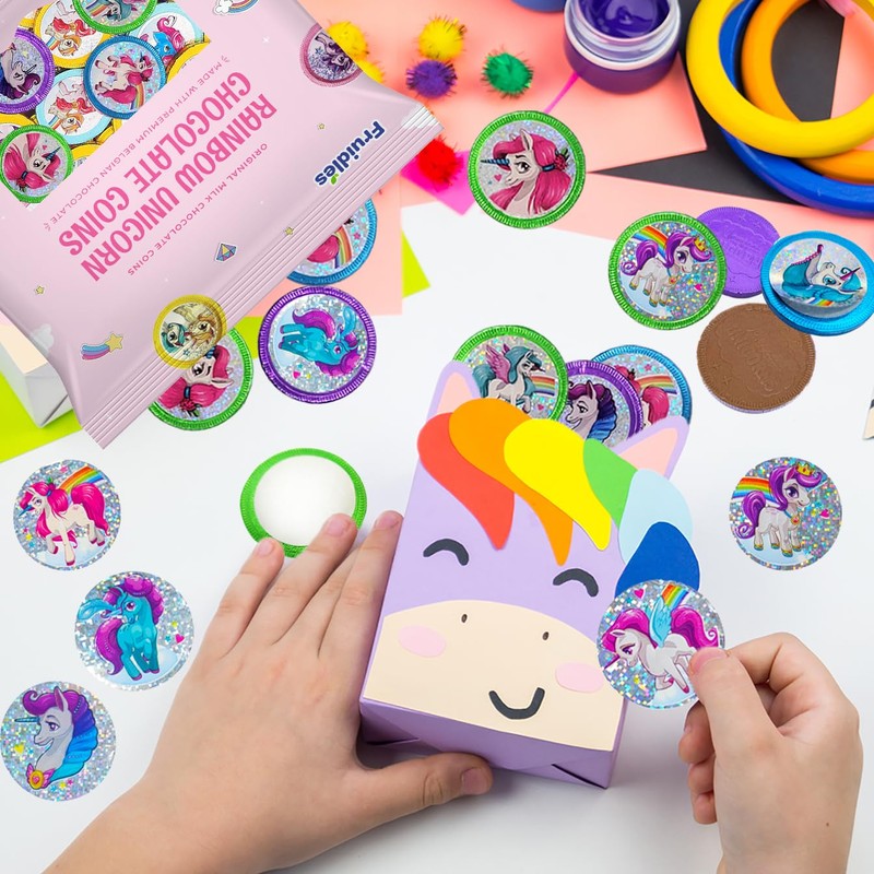 Fruidles Rainbow Unicorn Chocolate Coins With Stickers, Milk Chocolate Coins