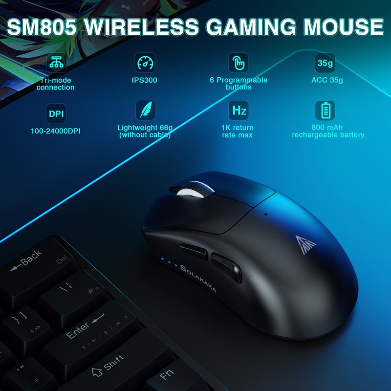 SOLAKAKA SM805 Lightweight Wireless Gaming Mouse,24000 DPI,Tri-Modes Connection,BT5.0/Type-C Wired/2.4G Wireless
