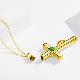SOULMEET Crystal Cross Necklace for Ashes, Gold Plated Silver I Love You Forever Birthstone May Cross Urn Necklaces for Ashes Keepsake Cremation Jewelry for Pet Human Ashes