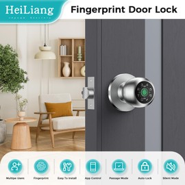 HEI LIANG Fingerprint Smart Door Knob with Fingerprint & Keypad, App Controlled Biometric Keyless Entry Door Lock for Bedroom, Storage Room, Apartment，Office, Hotel (Silver)-HL-8
