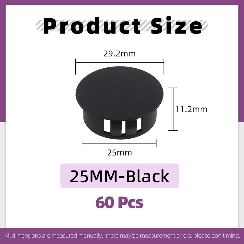 Swpeet 60Pcs 1" - 25mm Black Round Plastic Snap-on Hole
