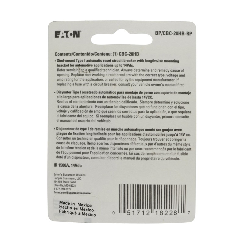 Bussmann (BP/CBC-20HB-RP) 20 Amp Type-I Stud Mount Circuit Breaker with