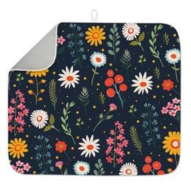INFUNLY Boho Floral Dish Drying Mat for Kitchen Counter 16"X18" Boho Flowers Absorbent Dish Drainer Mat Anti-Slip Quick Dry Heat Resistant Coffee Bar Mat for Table Faucet Sink Coffee Bar Refrigerator