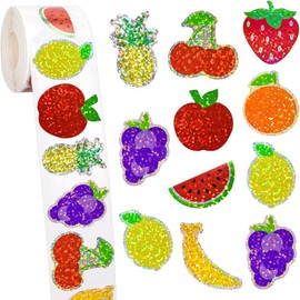 HEYTRCO 500Pcs Glitter Fruit Stickers Roll, 12 Holographic Sparkle Designs (Apple, Strawberry, Grape, Banana), 1 Inch Round Self-Adhesive Labels for Crafts, Packaging & Decor