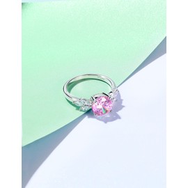 Cijisx 925 Sterling Silver Engagement Ring for Women Round Milgrain Cut Gemstone Birthstone Promise Ring for Her Pink Cubic Zirconia Ring Size 8