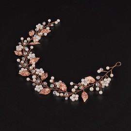 Jumwrit Diadema de flores de perlas para novia y dama de honor, hecha a mano, accesorios para el pelo con diamantes de imitación para mujeres y bodas (oro rosa)