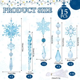 JarThenaAMCS 15Pcs Crystal Christmas Ornament for Christmas Tree Decorations Blue Snowflake Icicle Acrylic Drop Pendant Charm Wall Hanging Decoration for Xmas Winter Wonderland Party Supplies