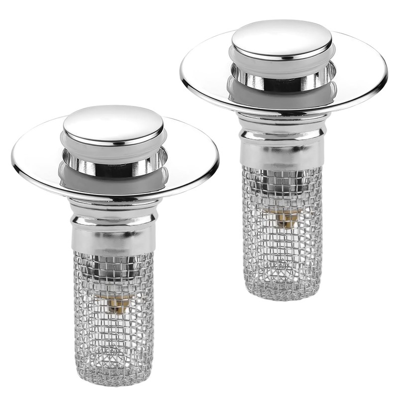 2PCS Universal Bathroom Sink Stopper with Hair Catcher, Pop-Up Drain