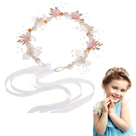 OCOUYVD Pink Flower Crown for Women with Pearl, Adjustable Floral Headpiece Handmade Hair Accessory Photo Pops Handband Floral Crown for Wedding Festival Party Birthday