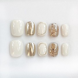 [GLORS] Purely Handmade Short Press On Nails | Elegant Beige Gold Glitter Fake False Nail | Salon Quality in Short Square Press On Nails 10 pieces(M, SS)