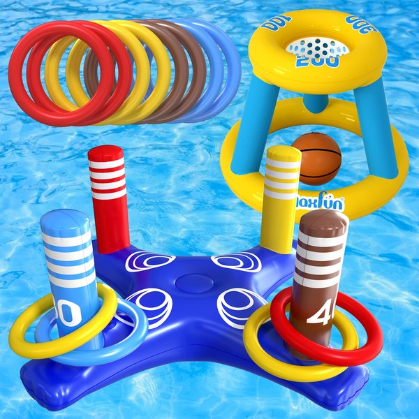 Max Fun Pool Floats Toys Games Set - Floating Basketball Hoop Inflatable Cross Ring Toss Game Toys for Kids Adults Swimming Pool Water Game