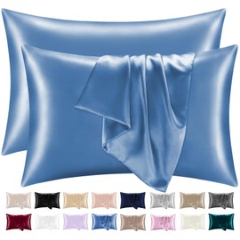 Lazzaro Satin Silk Pillowcases for Hair and Skin - Hypoallergenic Silk Pillow Cases 2 Pack with Envelope Closure - Ultrasoft Standard Size Airy Blue Silk Pillowcases (50 x 75 cm)