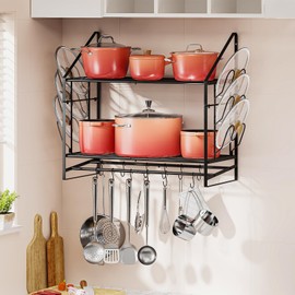 Pantasia Pot Rack Wall Mounted - Double Layer Hanging Pot and Pan Rack for Kitchen with 12 Hooks as Pot and Pan Organizer, Includes 6 Lid Holders for Pot Hanger Storage, Length 33.46", Spacing 13.39"