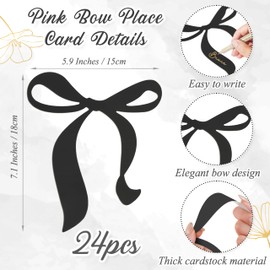 Black Bow Place Cards Set, 24Pcs Bow Shaped Blank Name Place Cards for Table Setting and 2 Rolls 1 Inch 25 Yards Black Satin Ribbons, Elegant Table Decor for Wedding Birthday Dinner or Special Events