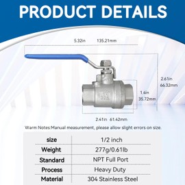 1 Pack Full Port Ball Valve 1/2 NPT 304 Stainless Steel 2 - chip ball valve Female Heavy Duty WOG1000 for Water，Oil，Gas with Locking Devic (1/2”, 1)