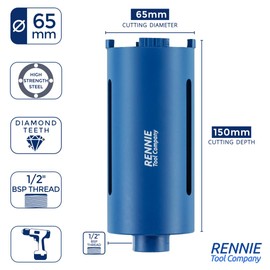 65mm x 150mm Long Diamond Core Drill Bit. To Be Used In Concrete Masonry Brick Block Stone Granite. Diamond Drill Bit Core Drill. 1/2" BSP Thread. For Wet Or Dry Drilling