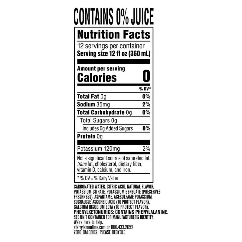 Starry Zero Sugar Lemon Lime Soda Pop, 12 fl oz,