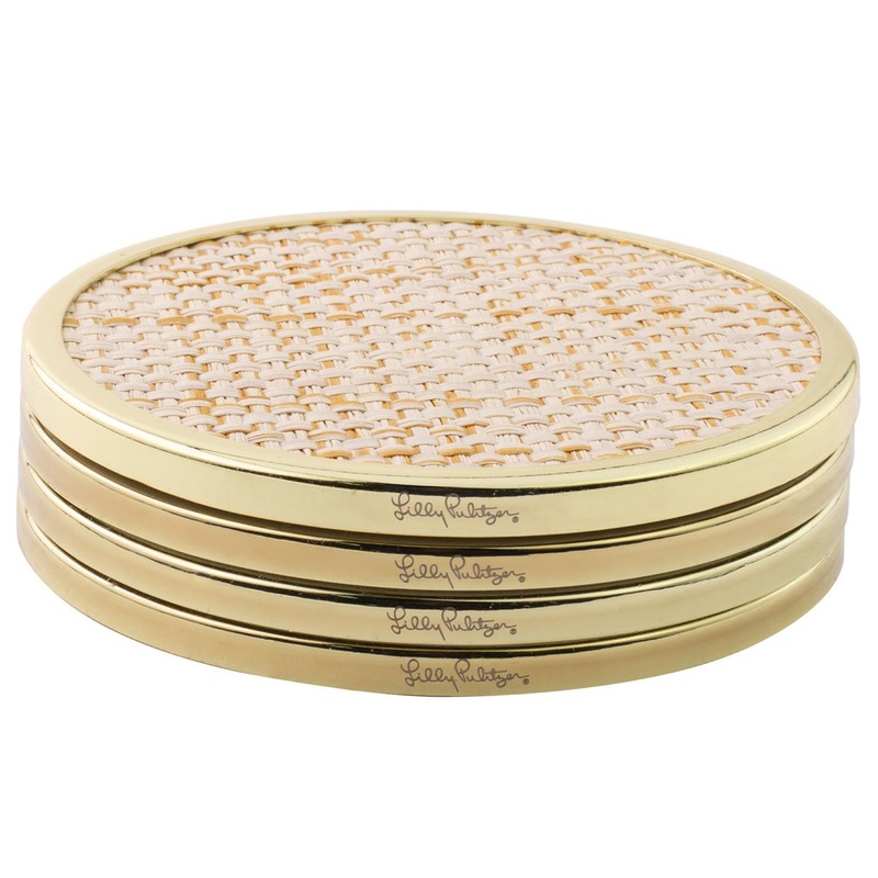 Lilly Pulitzer Gold and Raffia Coasters for Drinks with Holder,