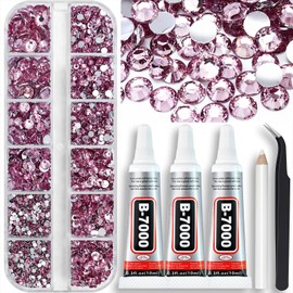 Towenm B7000 Clear Glue with 4000PCS Light Pink Rhinestones for Crafts Clothing Fabric Shoes, Glue Fix Flatback Gems for Nails Face Jewelry, Mixed 5 Sizes 2mm 3mm 4mm 5mm 6mm Gemstones Bejeweled Kit