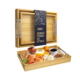 Comfify Decorative Bamboo Serving Trays with Silver Stainless Steel Handles – 2-Piece Set for Coffee Table, Ottoman, Breakfast in Bed, Jewelry & Decor Organization – 12"x17" – Pure Bamboo Finish