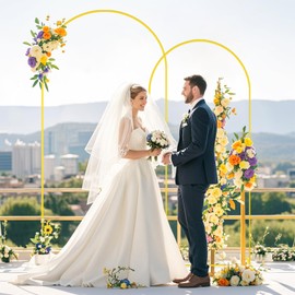 Metal Arch Backdrop Stand and Cover Set 6FT 7.2FT Gold Arches for Backdrop with Navy Blue Arch Covers Stretchy Backdrop Set of 2 Wedding Arch Backdrop Stand for Bridal Baby Shower Graduation Decor