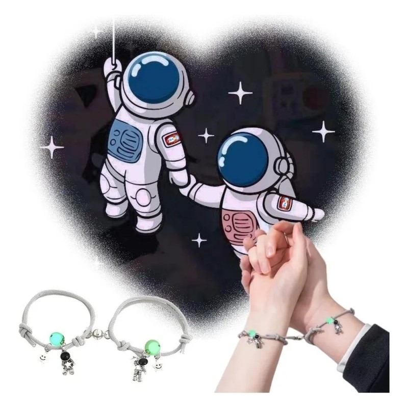 Pulsera Parejas Imán Astronauta Brilla Oscuridad Gris Ajustable AKELIN