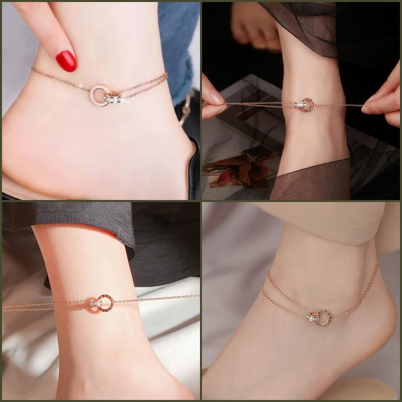 APOSITV Women's Anklet, Pink Gold, Sparkle, Gold, Chain, Rhinestone, Stainless