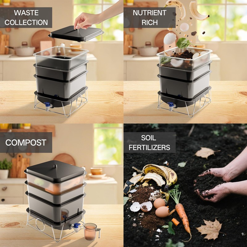 HCGADON 3-Tray 15L Worm Farm Composting Bin with Tool Set
