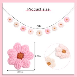 Boho Crochet Daisy Garland - Pink and Beige Yarn Floral Banner for Baby Girl Nursery Decor, Handmade Daisy Garland for Birthday Party, Boho Room Wall Hanging Decoration, Groovy one Birthday Decor