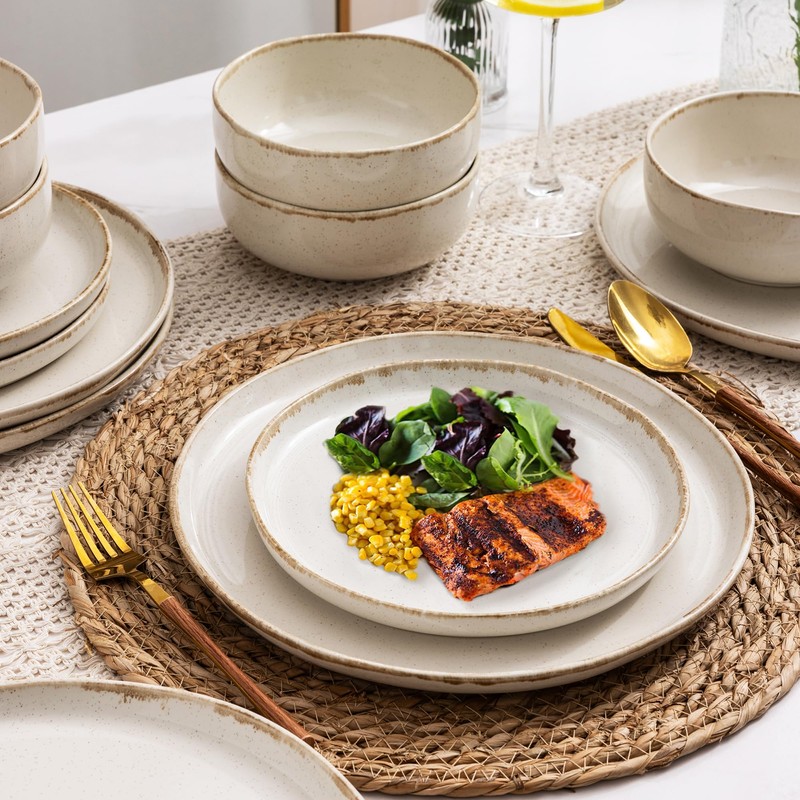 AmorArc Ceramic Dinnerware Sets, Wavy Rim Stoneware Plates and Bowls